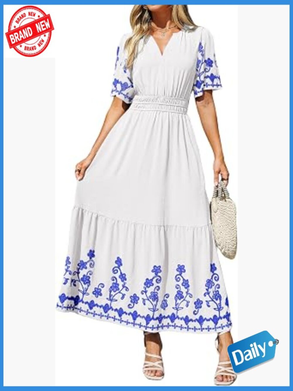 Women's Short Sleeve V-Neck Maxi Dress with Embroidery Floral Boho Print